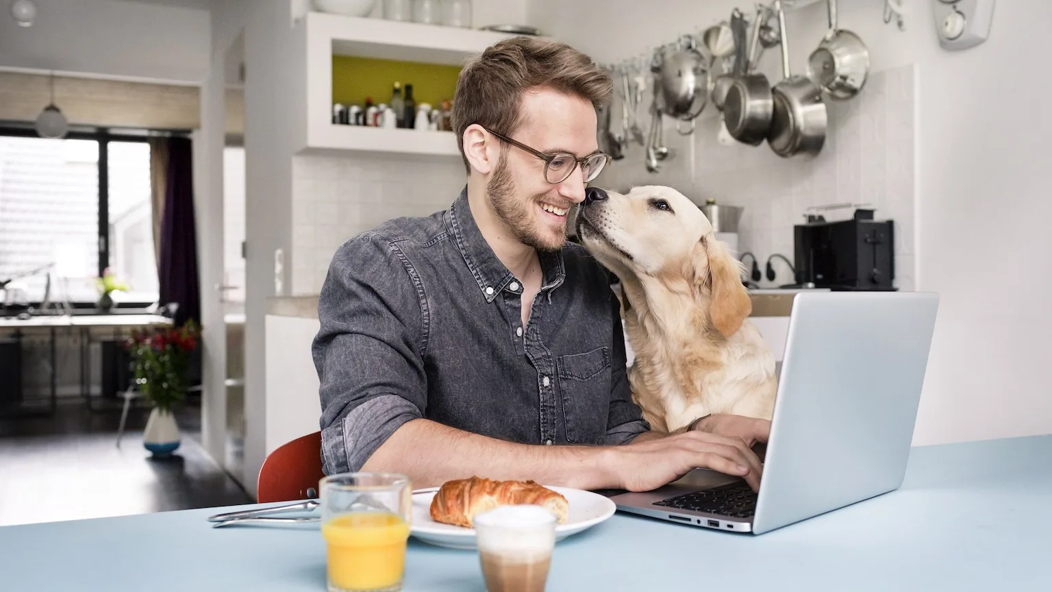 Image: Getty Images Man checking laptop while eating breakfast in kitchen with pet dog by his side.