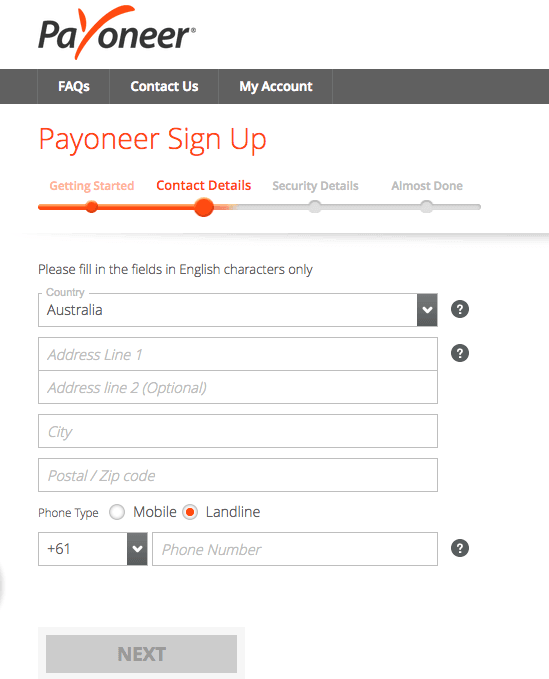 Payoneer sign up process, step 3