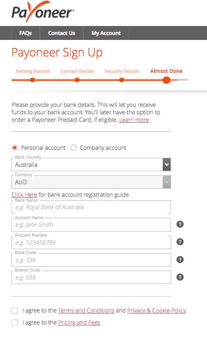 Payoneer sign up process, step 5