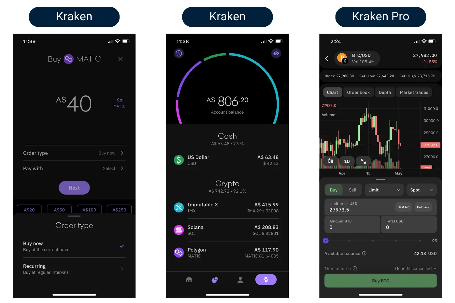 Three screenshots of the Kraken app