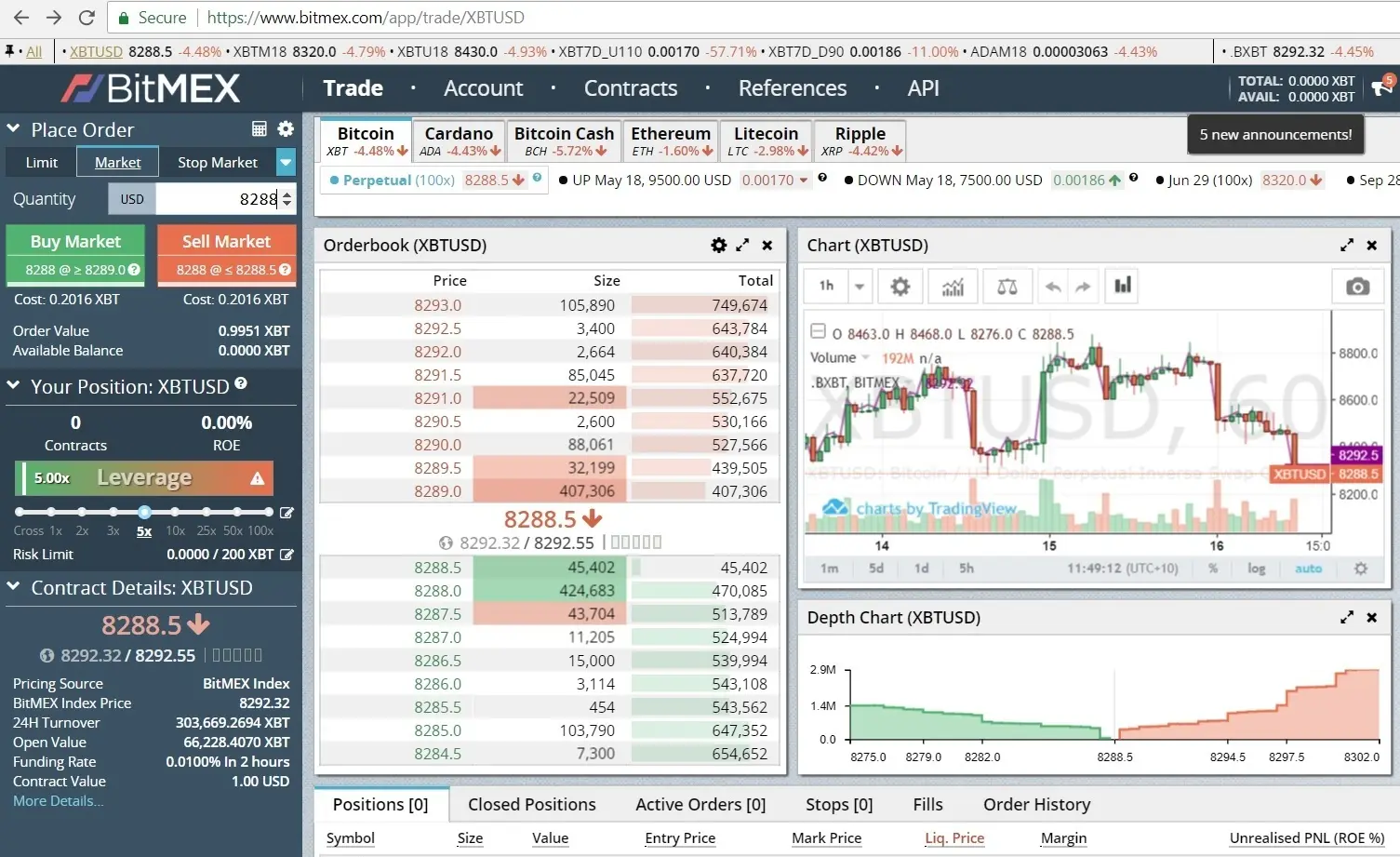 Screenshot showing a market order on the Trade screen