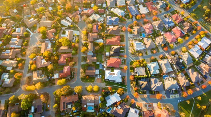 Aussie_suburb_738_shutterstock_641676946 Aerial view of houses.