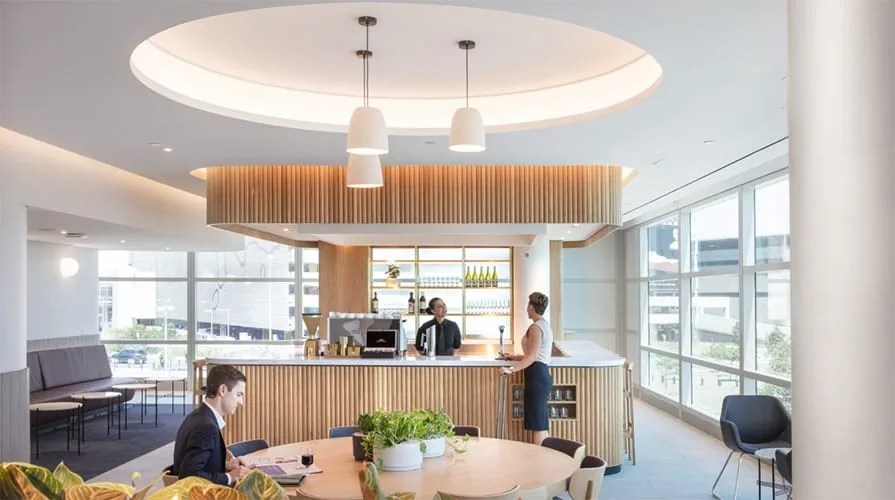 beautiful Qantas lounge with guests