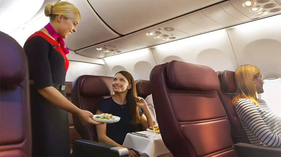 flight attendant serving meal to passenger