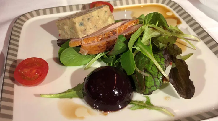 Image: Shing Kam/Finder Duck pate with smoked duck breast, port wine jelly, mesclun leaves and balsamic dressing