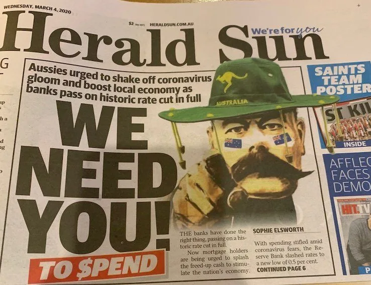 Image: Paul Harrison/Supplied A photo of the front page of the Herald Sun paper for Tuesday 4 March 2020. It shows a man with Australian flag tattoos on his face pointing, with the headline