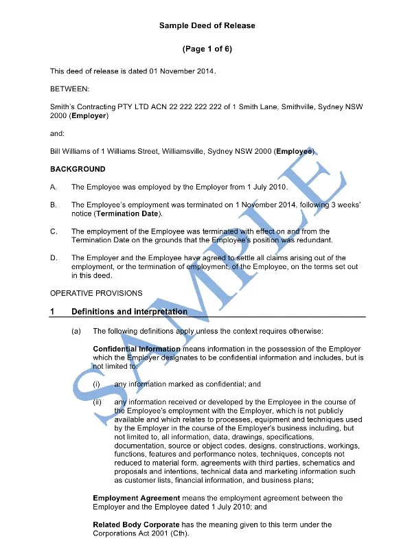 Deed Of Settlement And Release Template