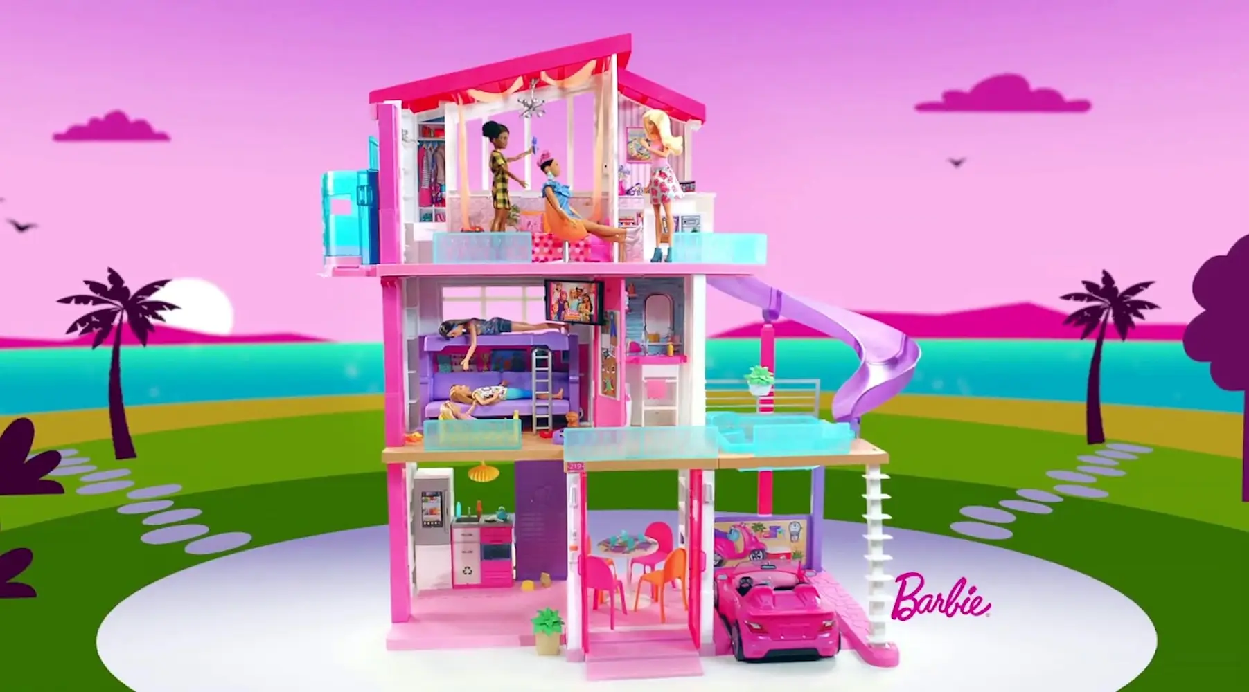 Barbie дом мечты fhy73. Дом Барби Дрим Хаус. Домик для Барби фиолетовый. Первый дом мечты Барби.