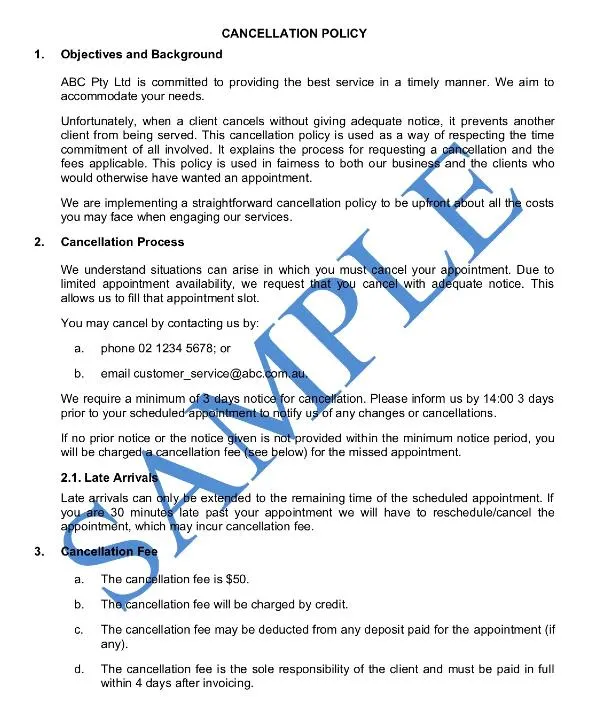 Personal Training Cancellation Policy Template