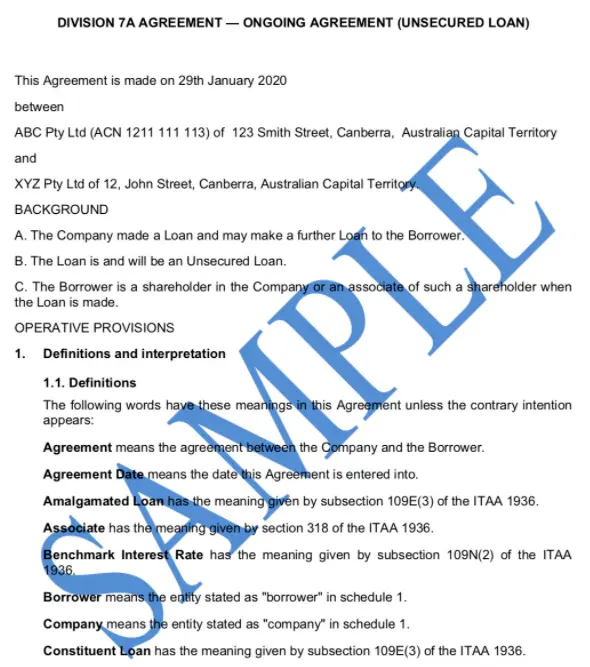Division 7A Loan Agreement Free templates Australia