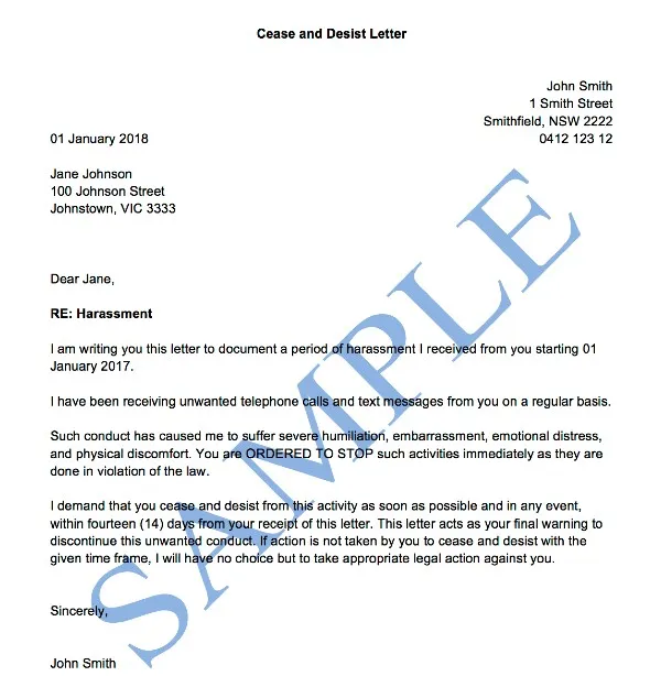 Sample Cease And Desist Letter Australia