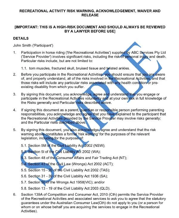 Free horse riding waiver templates Australia