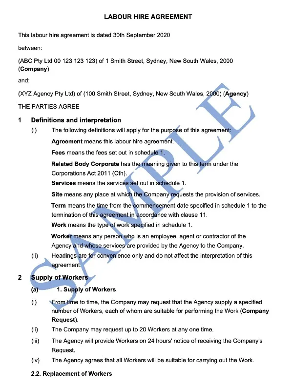 Free Labour Hire Agreement templates (Australia)