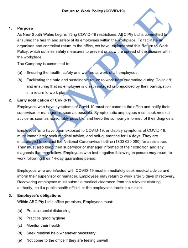 Image: Supplied return to workplace policy sample from Lawpath