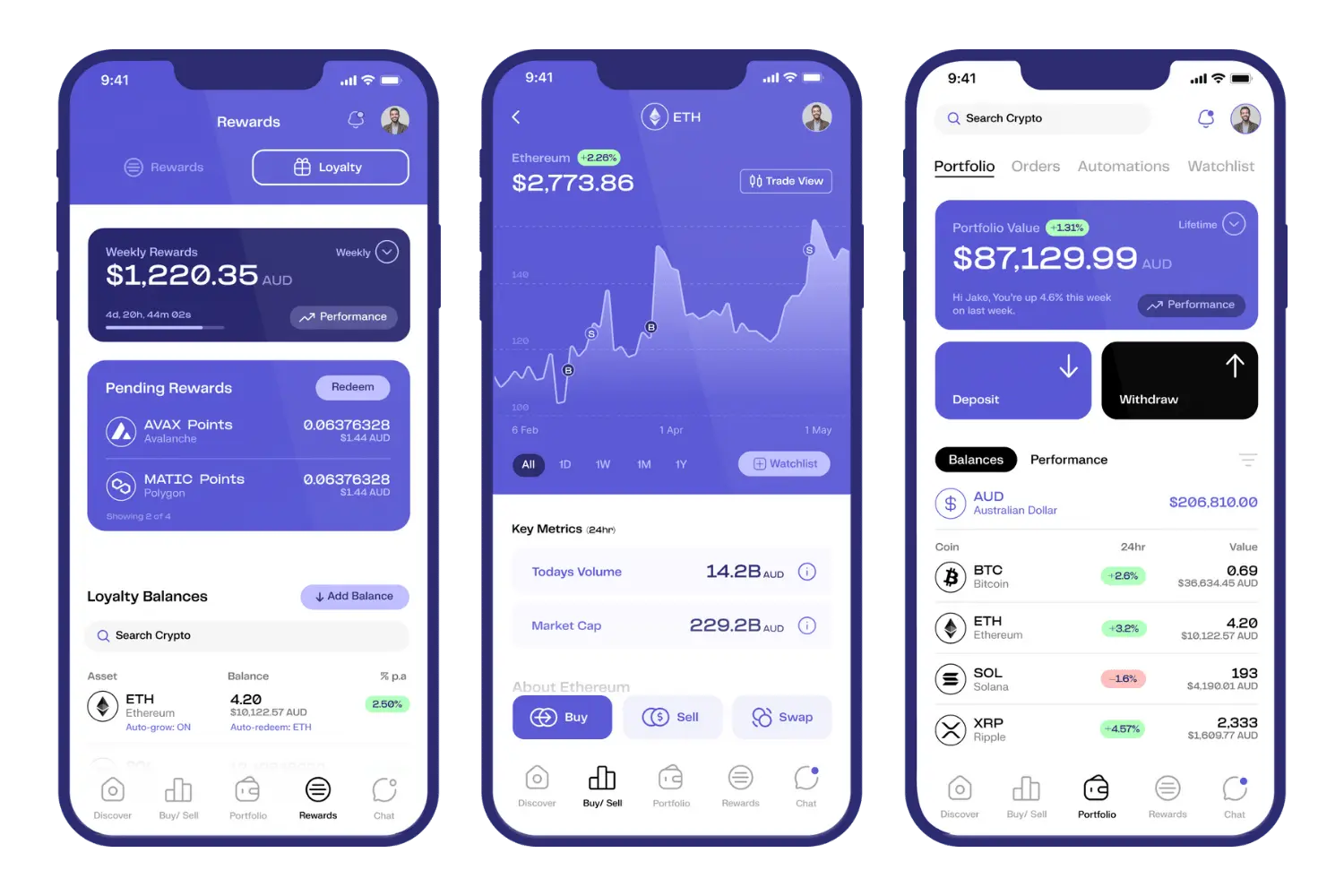 A panel of three screenshots from the Coinstash app in 2023.