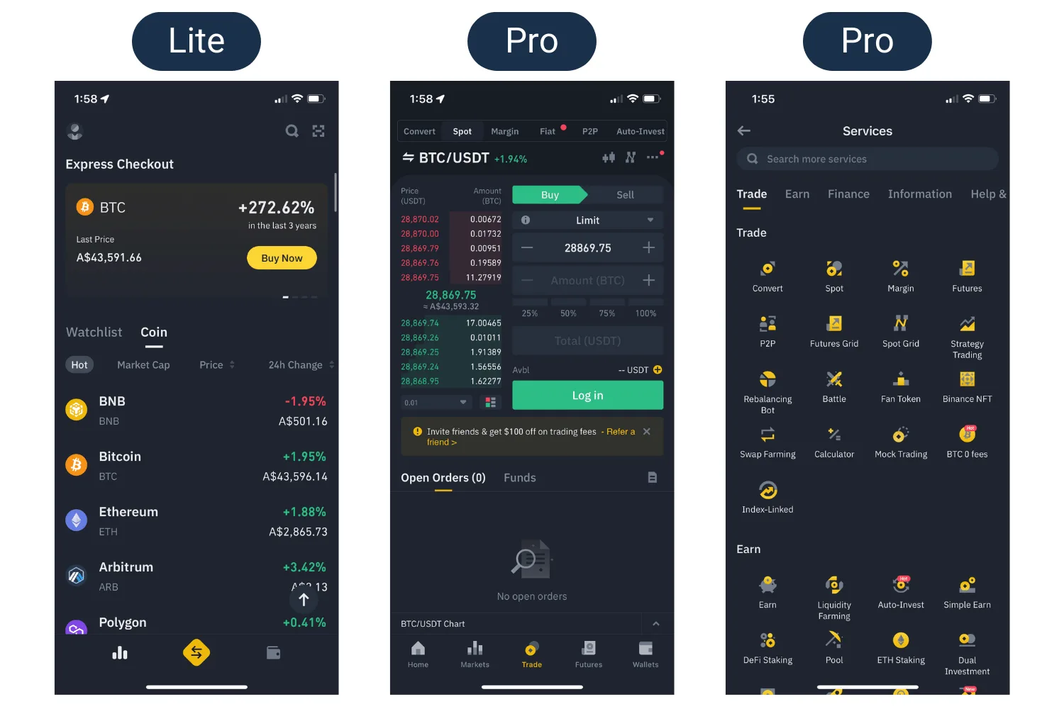 3 screenshots of the Binance app