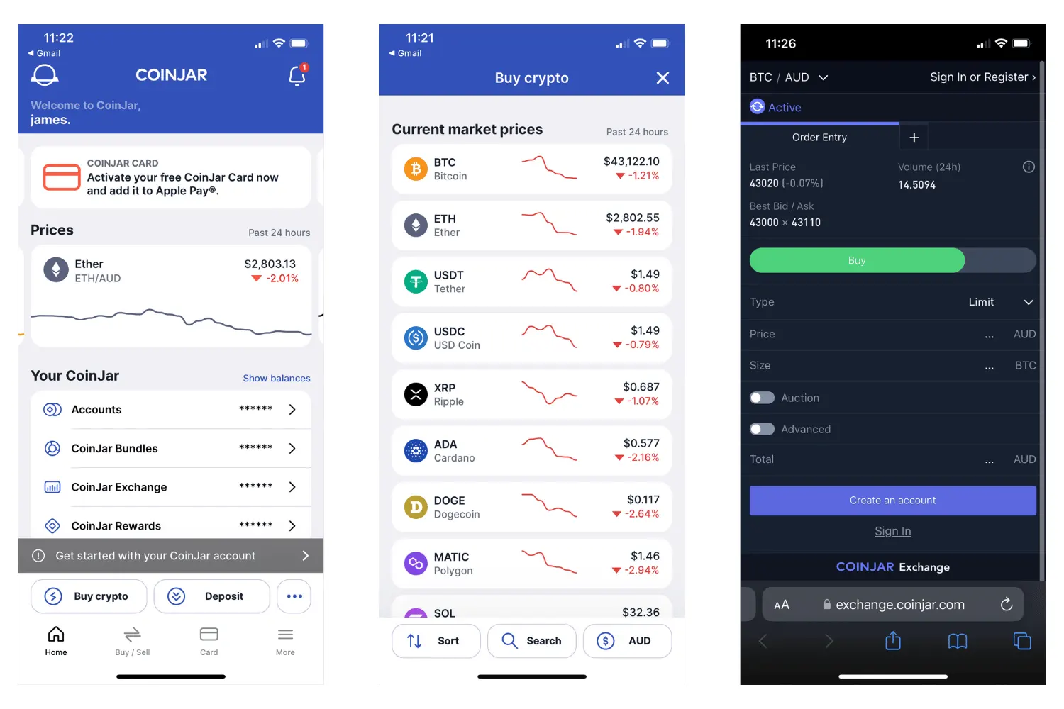 Three screenshots of the CoinJar app