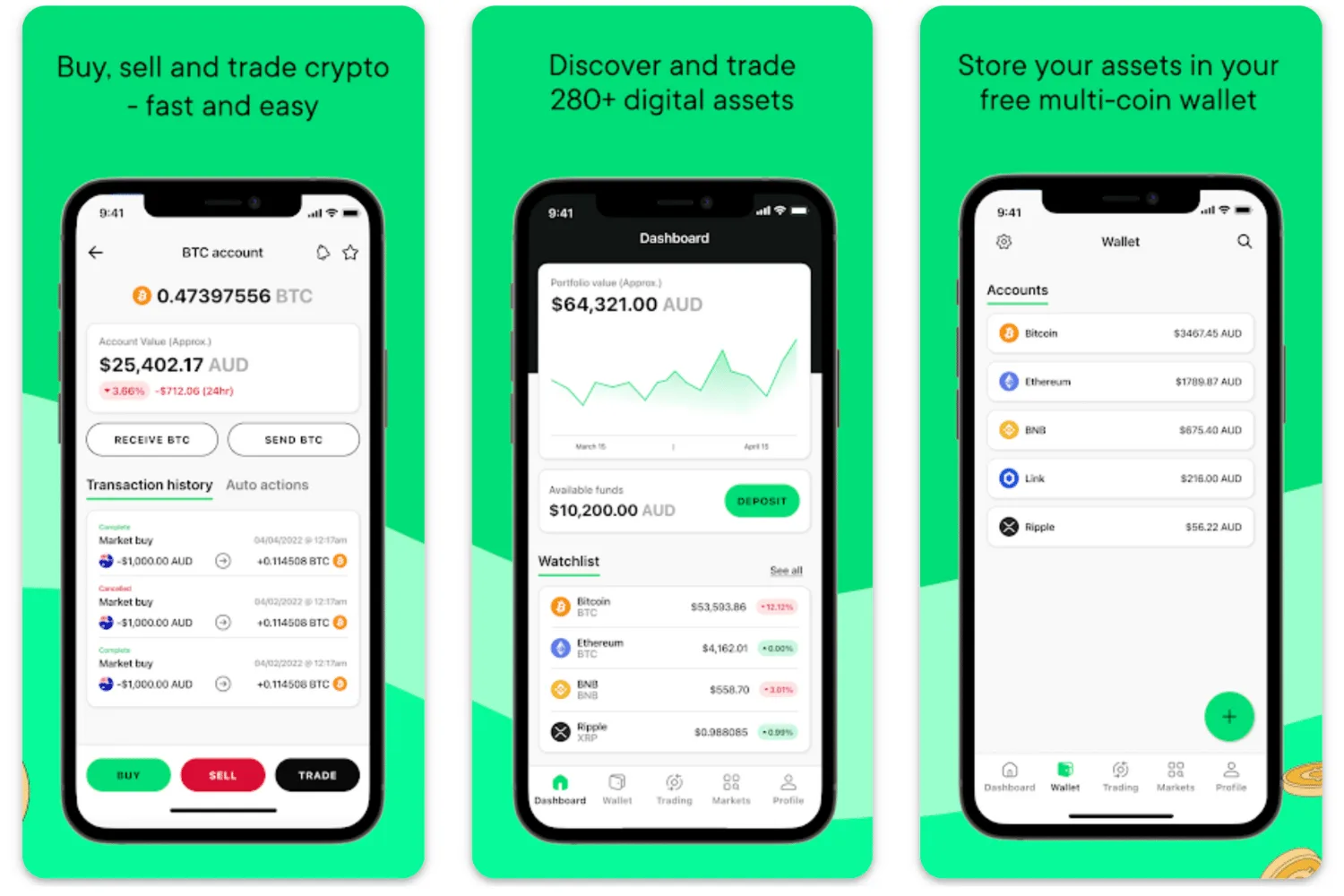 Three screenshots of the Cointree app