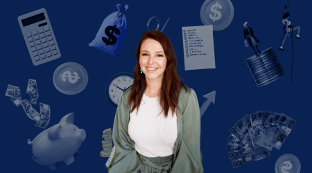 Sarah in front of dollar bills, piggy bank, calculator, and other money images