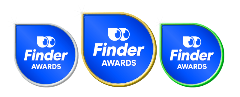 Three blue Finder Awards badges with silver, gold and green trim