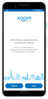 Xoom mobile app homepage