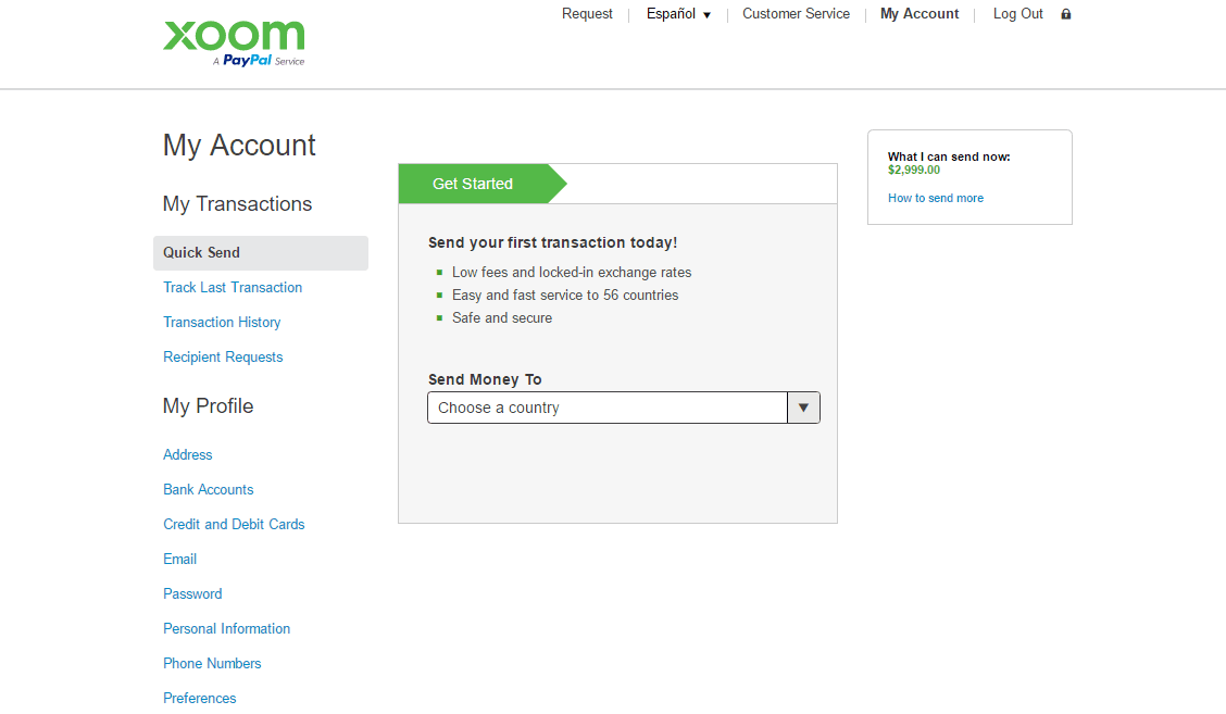 Xoom My Account Page