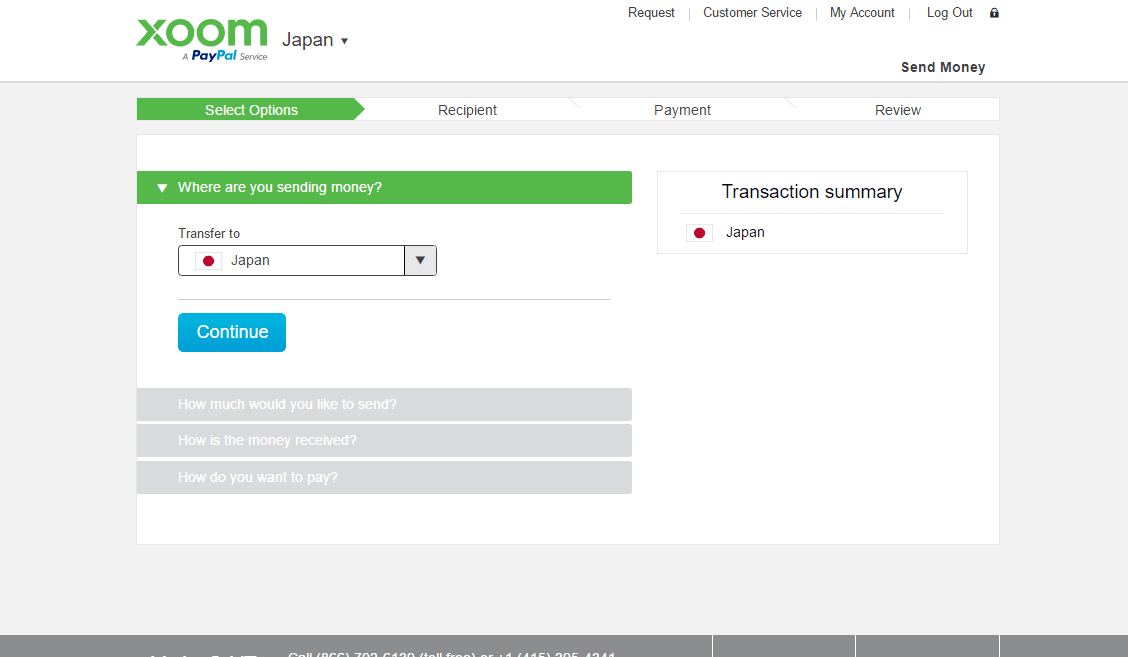 Xoom country picker webpage