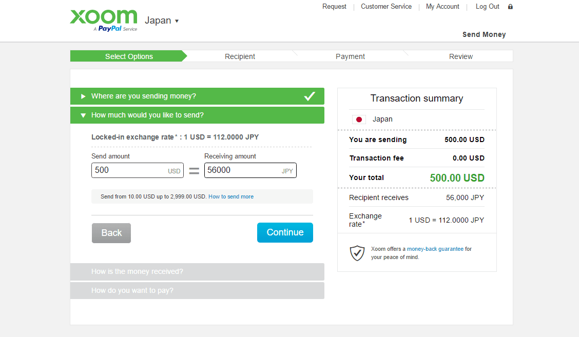 Xoom amount to send webpage