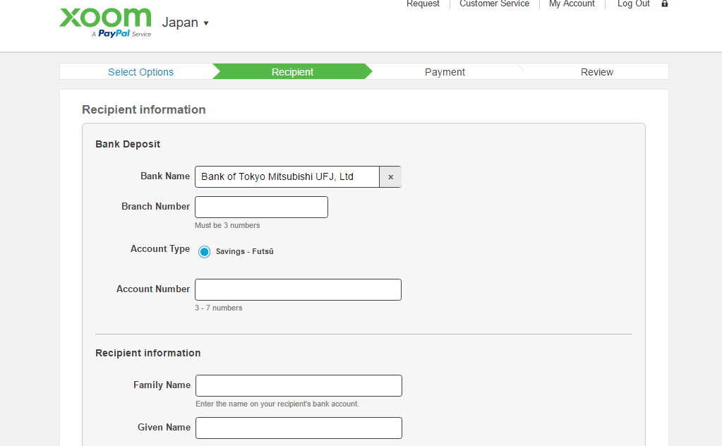Xoom bank account info webpage
