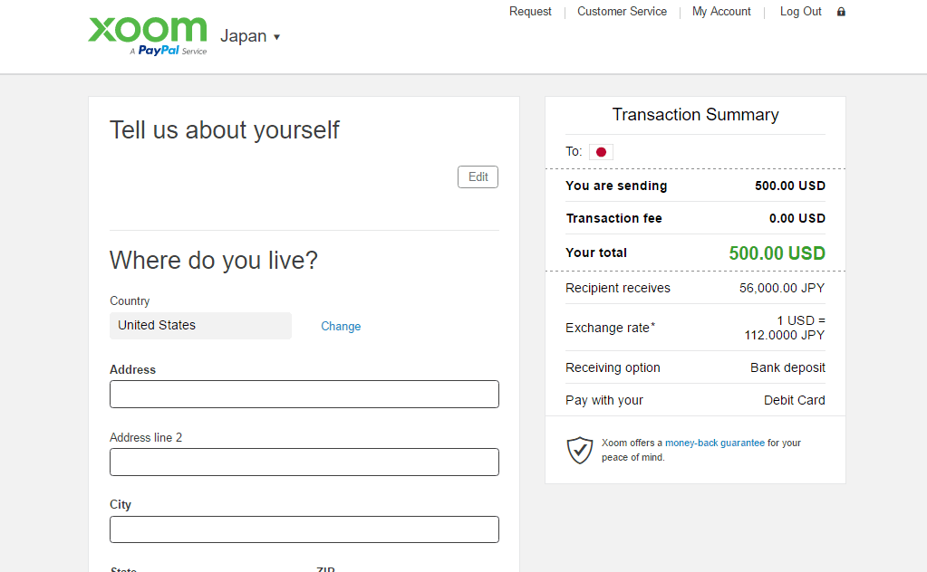 Xoom complete contact info webpage