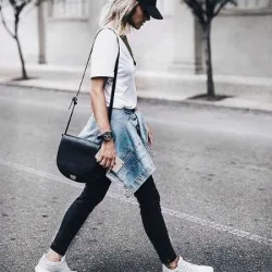 denim shirt tied around waist