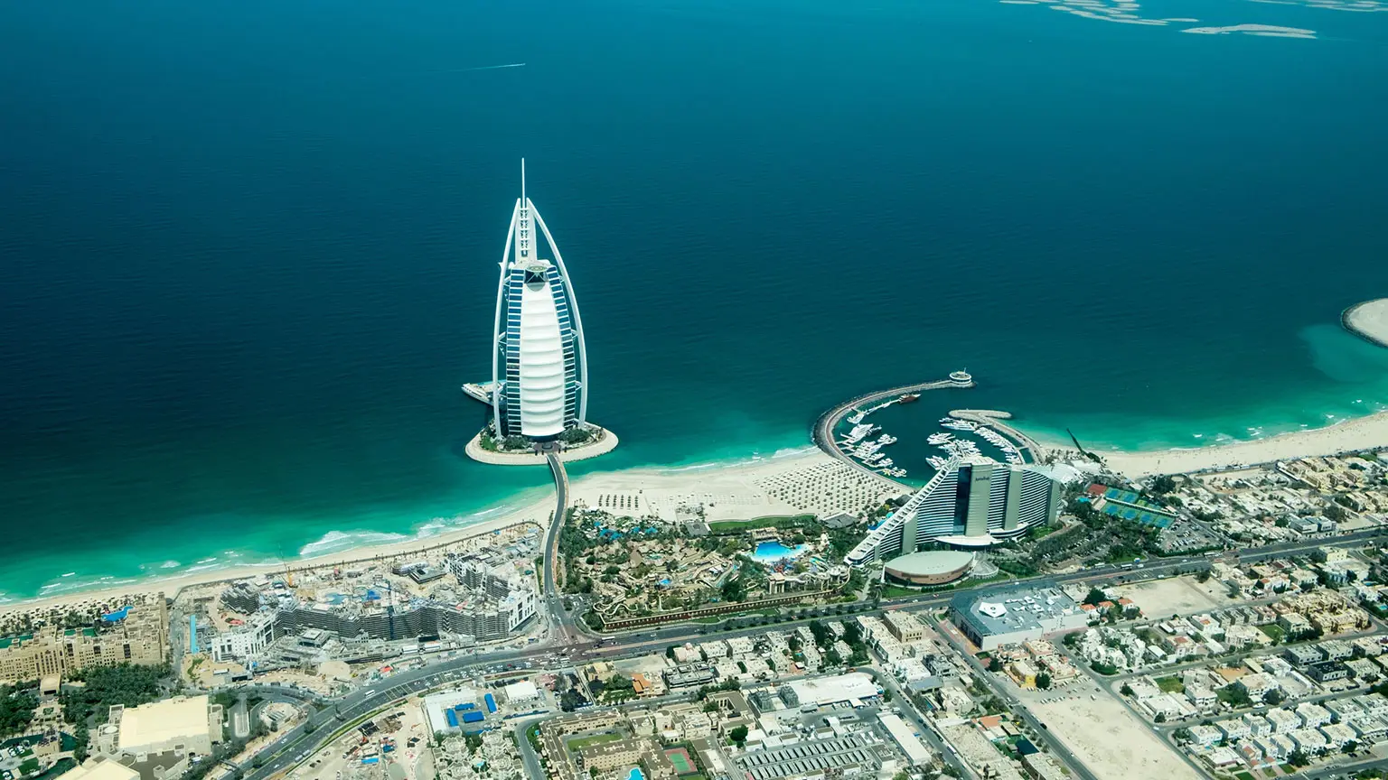 Image: Getty Images Aerial view of Dubai city, beach and shoreline