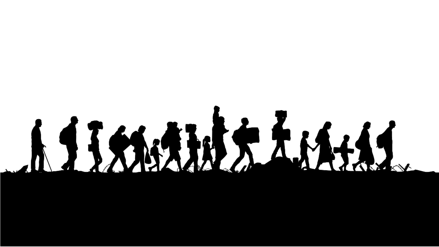 Image: Shutterstock Refugee cartoons walking
