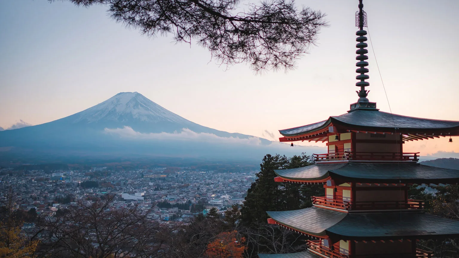 Image: Getty Images Temple with Mt. Fuji in background in Japan