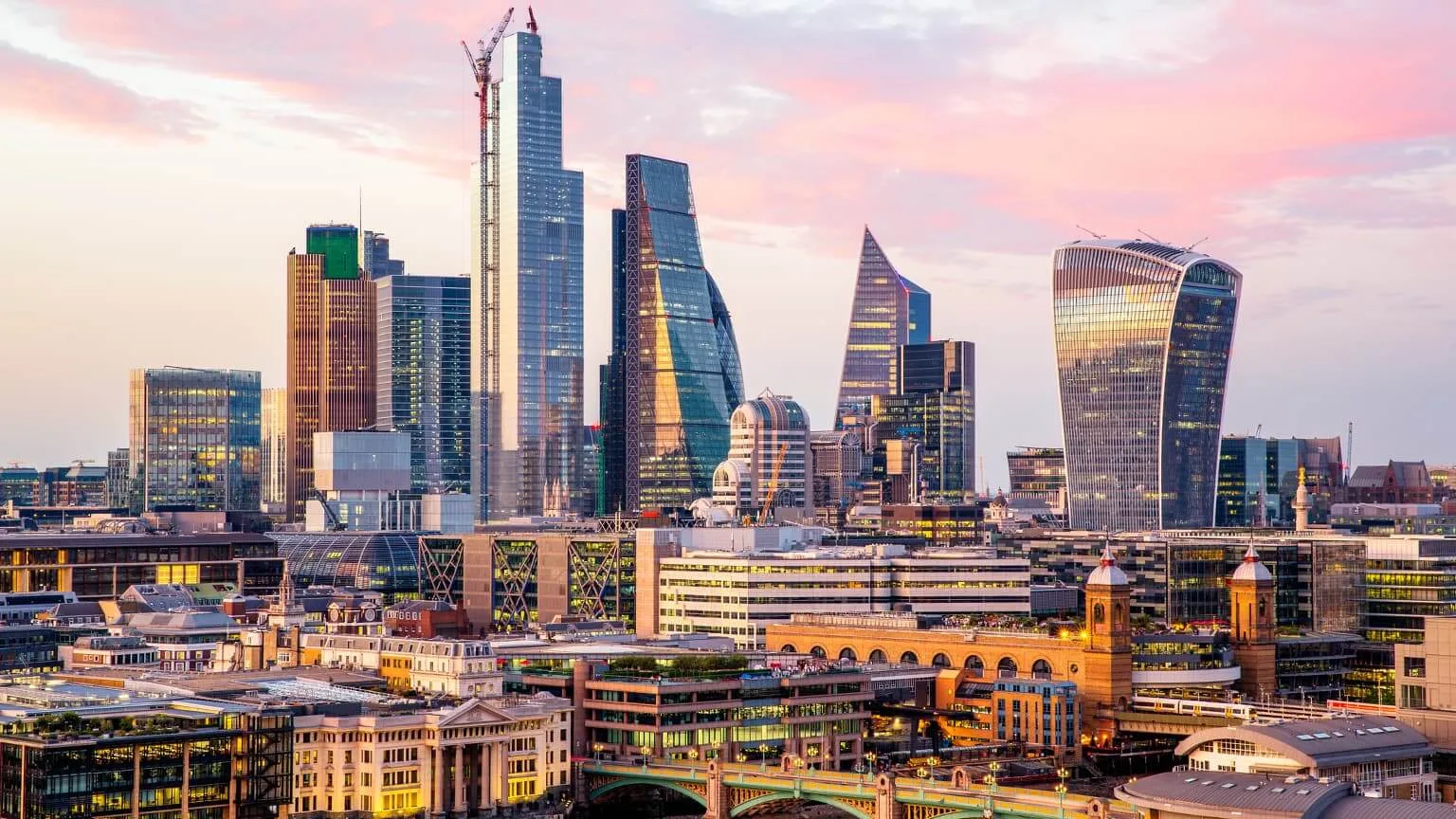 Image: Getty Images view of skyscrapers in City of London at sunset, Endland, UK