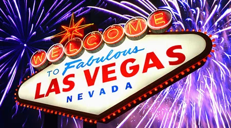 Image: Getty Images Welcome to Las Vegas sign with fireworks in the background