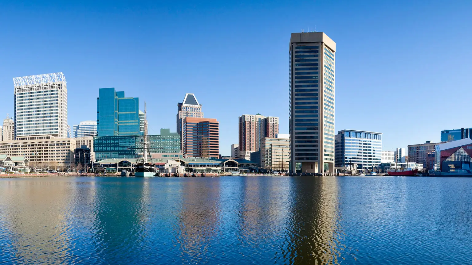 Image: Getty Images Baltimore inner harbor with city skyline during the day.