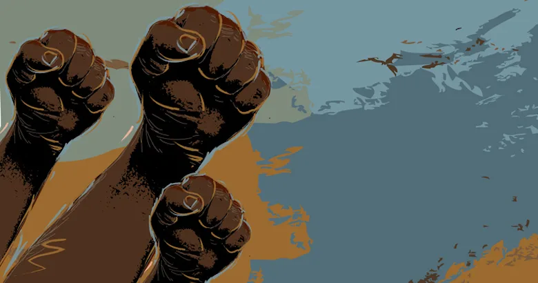 Image: Getty Images Illustration of a group of colorful protesters or activists with hands in the air.