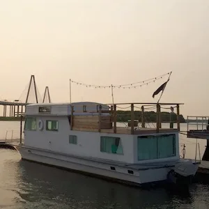 Houseboat downtown with bikes