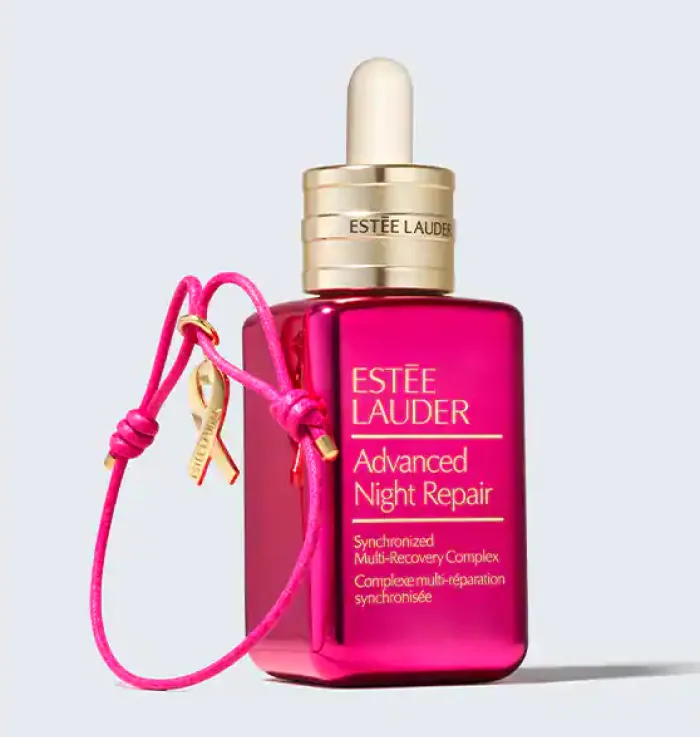 Image: ESTEE LAUDER/Supplied Advanced night repair with pink ribbon bracelet