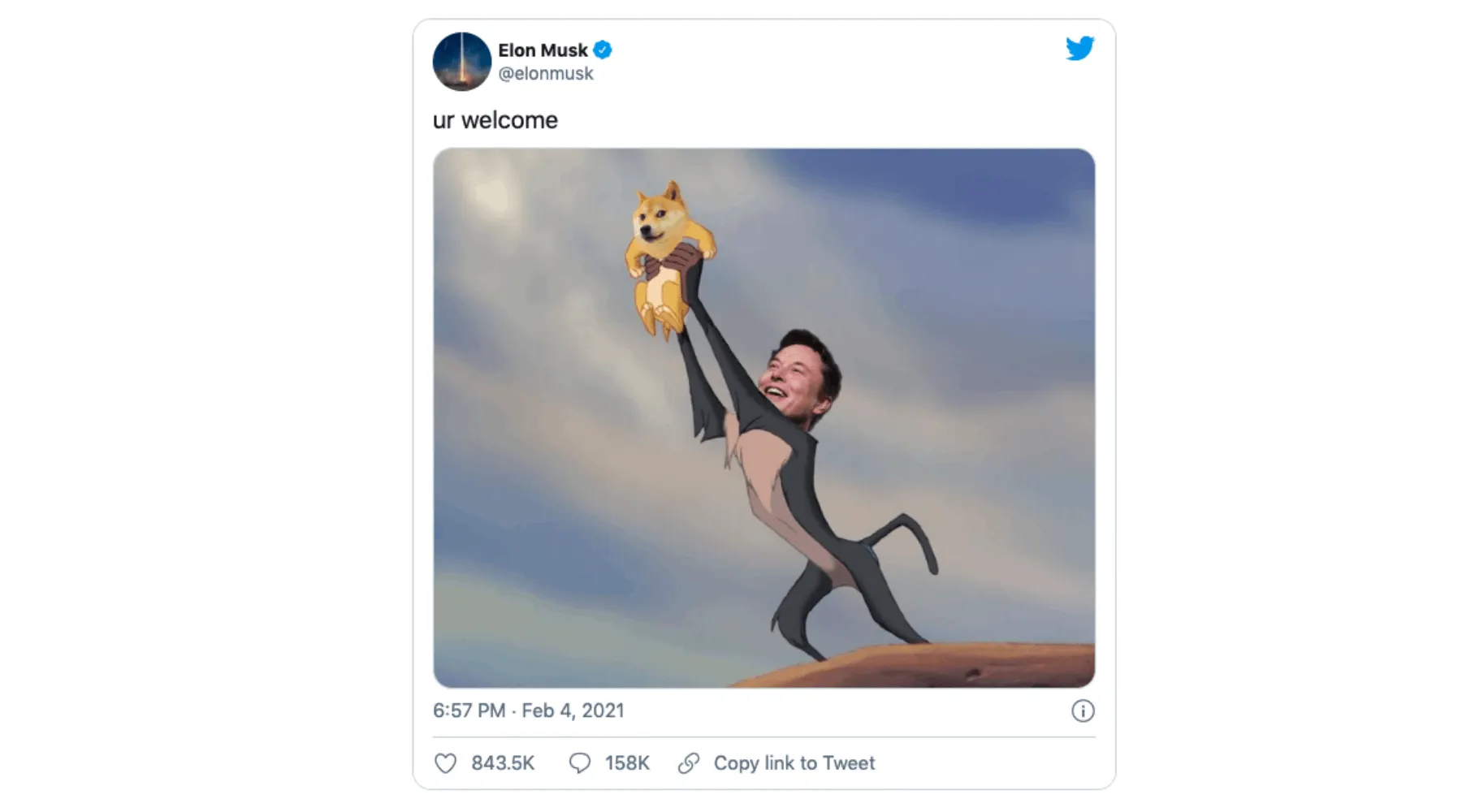 Фотография твита Илона Маска.  Это его фотошоп в сцене Короля Льва, где он держит собаку сиба-ину вместо льва.