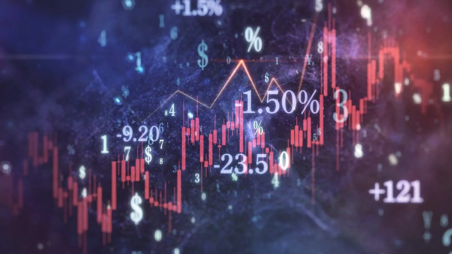 Image: Getty Images Global financial crisis with stock chart, numbers, and currency symbols.