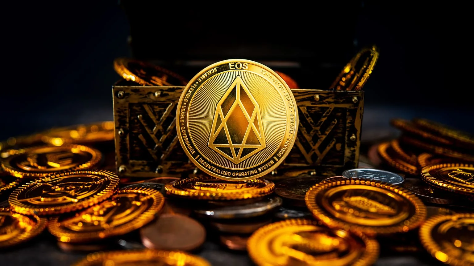 Image: Shutterstock EOS cryptocurrency in a treasure box