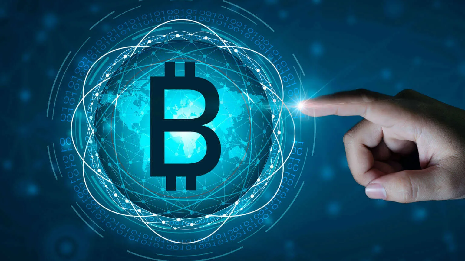 Image: Getty Images Digital Composite Image Of Cropped Hand Touching Bitcoin Icon