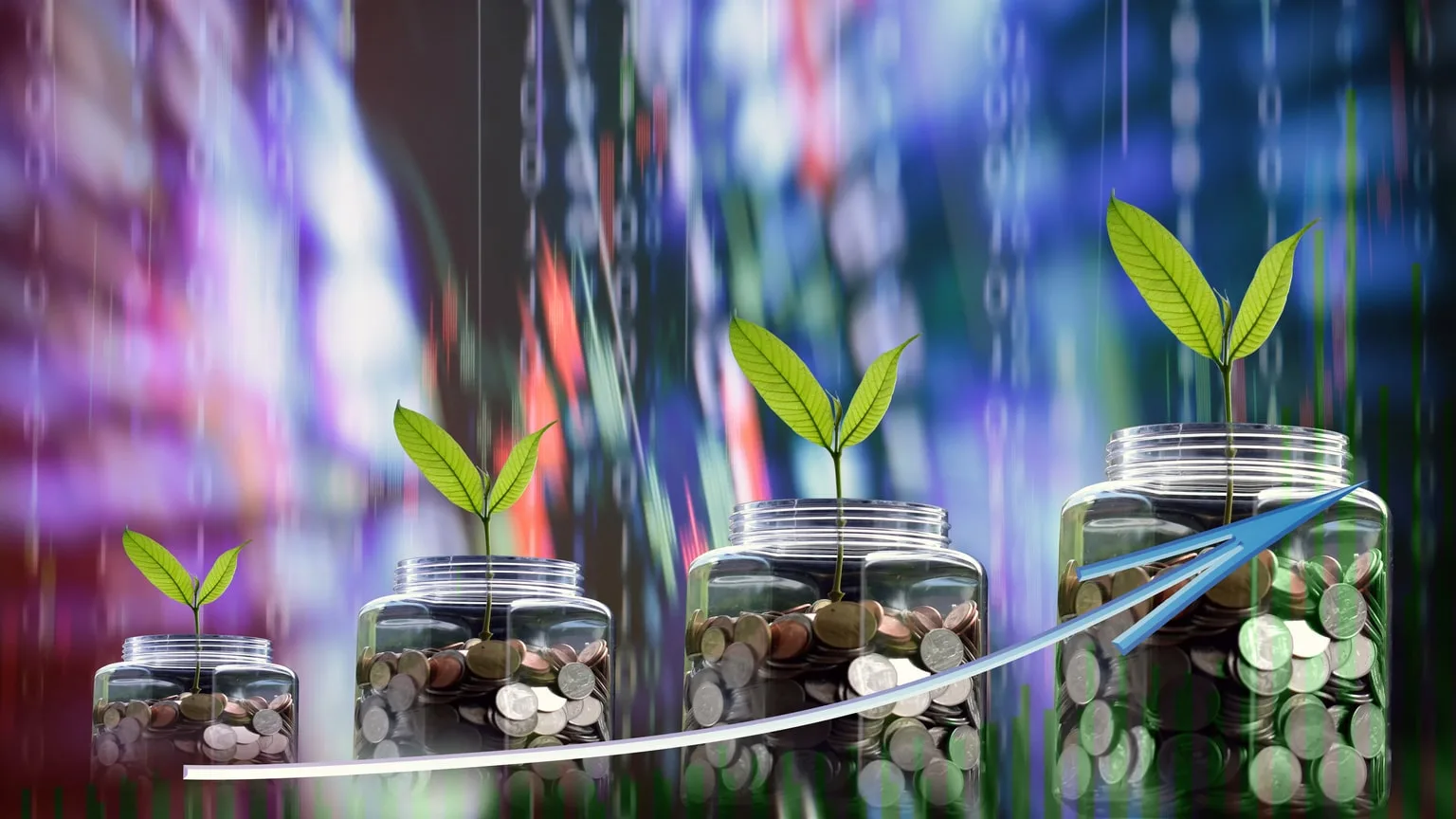Image: Getty Images Graphic of coin jars representing investing and saving