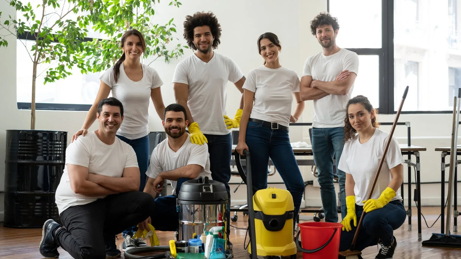 Image: Getty Images Group of janitors working for the same cleaning business