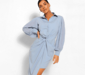 Pleated Sleeve Draped Shirt Dress