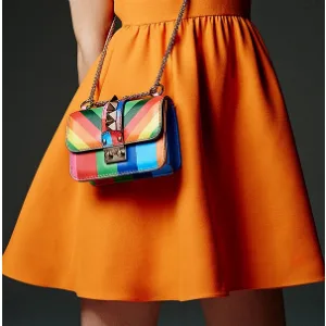 orange skirt with colorful purse