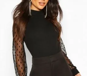 boohoo Polka Dot Mesh Sleeve High Neck Bodysuit - 15% off - Just £12