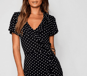 Polka dot wrap front ruffle tea dress